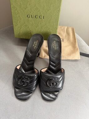 Gucci Black Quilted Leather Slide Mules with Double G